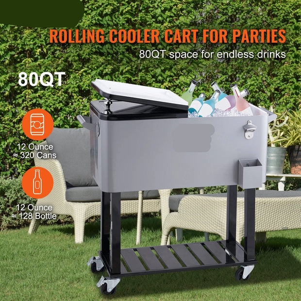 Coolbox - Rolling Fridge - Drink Bucket - Cooling Bucket - Beer Cooler - Refrigerator - Fridge - 100+ Bottles - 75 Liters - Grey