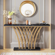 Console Tafel – Bijzettafel – Sidetable Modern - met Metalen Basis in Roostervorm – Metalen Frame – Zwart Goud – 150 x 30 x 80 cm