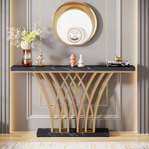 Console Tafel – Bijzettafel – Sidetable Modern - met Metalen Basis in Roostervorm – Metalen Frame – Zwart Goud – 150 x 30 x 80 cm
