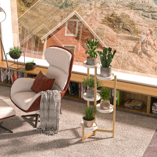 Design Plantenrek - 5-Laags - Bamboe- Modern Wit - Plantenstandaard voor Bloempotten - Tuin - Patio - Balkon - Serre - Planten