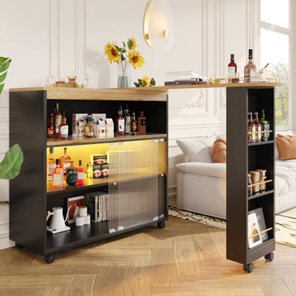 Uitschuifbare Bartafel met Opbergruimte - Moderne Verplaatsbare Bartafel - Telescopische Bartafel met LED - Bartafel - Bistrotafel - Hoge Tafel - Kookeiland - Bistrotafel - (138-204×39×105cm) - Zwart