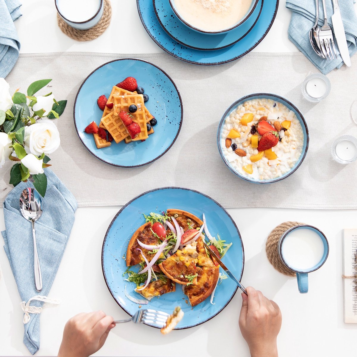 Luxe Serviesset- 16 Delig – 4 Persoons – Keramiek - Bordenset – Dinnerplaten – Dessertborden - Kommen - Mokken - Aquablauw