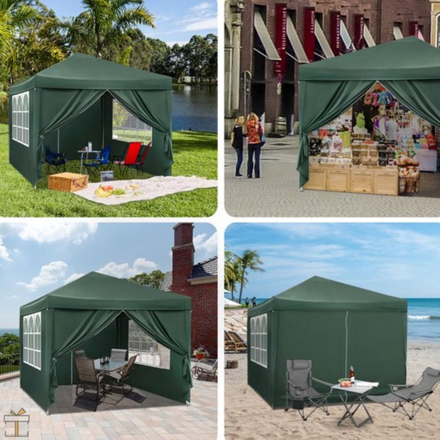 Partytent met zijwanden - Groen - Opvouwbaar - Easy up - Paviljoen - Waterdicht weerbestendig - 3x3 m