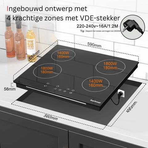 Elektrische Kookplaat 4 Pits - Elektrische Kookplaat 4 Branders - Keramische Kookplaat met Stekker - Zwart