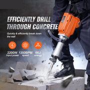 Breekhamer - 2200W - Elektrische Sloophamer - 360° Verstelbare Handgreep - Met 2 Beitelset - Voor Beton en Blokken