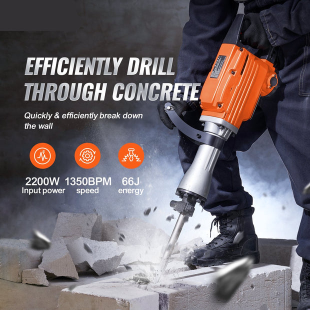 Breekhamer - 2200W - Elektrische Sloophamer - 360° Verstelbare Handgreep - Met 2 Beitelset - Voor Beton en Blokken