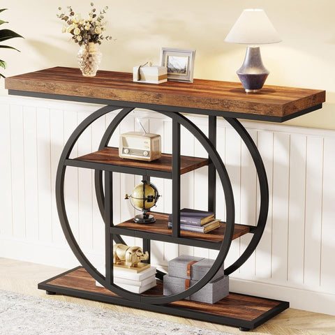 Consoletafel - Sidetable - Console - Haltafel - Metaal en Hout - Bruin - Industrieel - 105 x 80 x 30 cm - Console Tafel voor Hal - Woonkamer - Entree