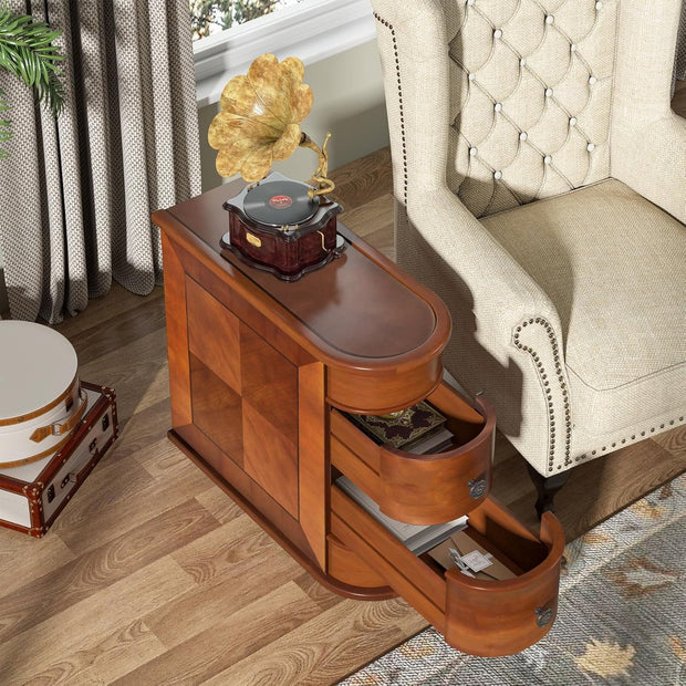 Houten Bijzettafel met 2 Laden – Smal Nachtkastje - Koffietafel – Bank Bijzettafel - voor Woonkamer - Slaapkamer – Geen Montage Vereist – Walnoot