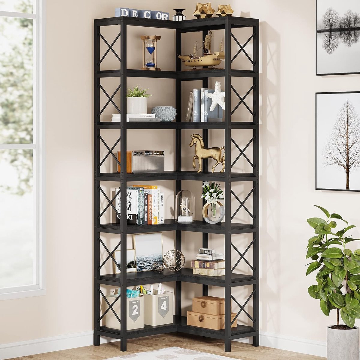 Boekenkast - Hoek Boekenkast met 7 Planken - Industrieel Grote Hoekplank - Spaanplaat - Zwart - 60 x 60 x 200 cm