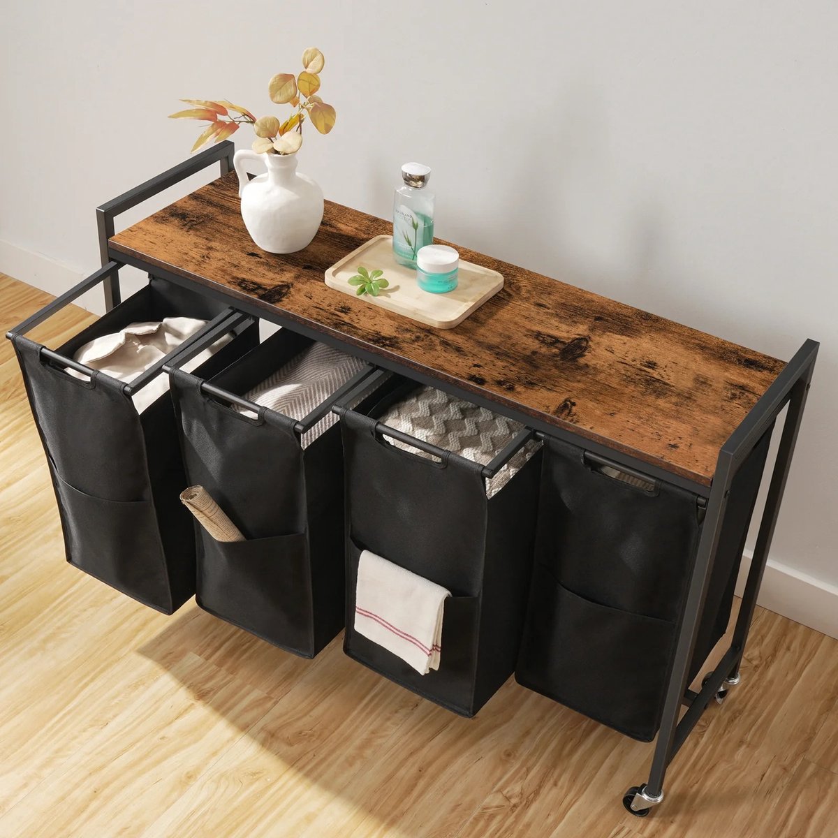 Wasmand met wielen - Waskar - Wasmand Met Plank - Oxford Stoffen Waszak - Stevig en Stijlvol - Rustiek Bruin - 110.5x33x74.5cm