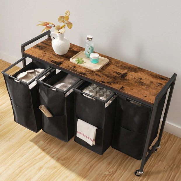Laundry Basket with Wheels - Laundry Cart - Laundry Basket with Shelf - Oxford Fabric Laundry Bag - Sturdy and Stylish - Rustic Brown - 110.5x33x74.5cm