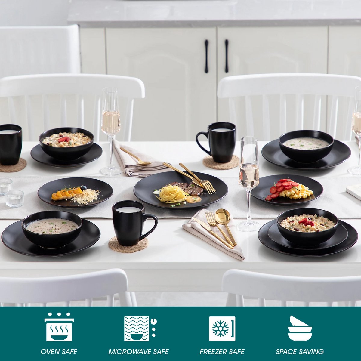 Serviesset - Zwart - 16 Stuks - Porselein - Borden - Bordenset - Serviesset 6 Persoons - Borden Set