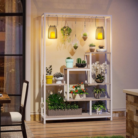 Plantenrek - Plantenstandaard - Plantenrek voor Binnen en Buiten - Plantenrek met 5 Niveaus en 10 S-haken - Wit en Grijs - 100 x 30 x 180 cm