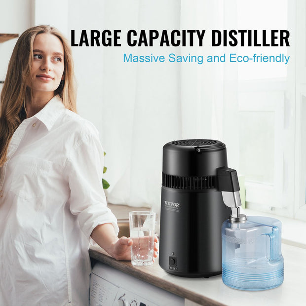 Waterdistilleerapparaat-1 L/uur-4L -  Distilleerapparaat roestvrij staal - 750W - Distilleerapparaat met één - Temperatuurdisplay - Reinigingspoeder voor - Glazen karaf 3 - Koolstofpakketten - Zwart