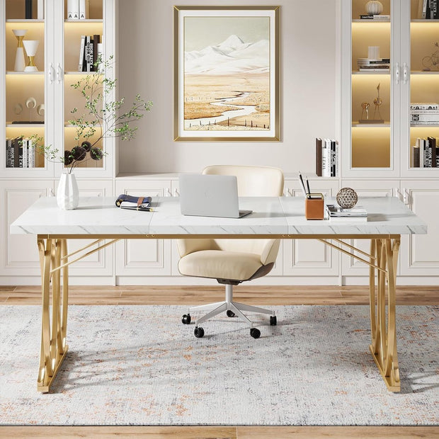 Computertafel - Bureau voor Thuiskantoor - Met Gouden Poten - Modern - Goud en Wit - 160 x 80 x 75 cm