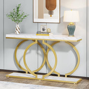 Consoletafel - Sidetable - met O-vormige Gouden Metalen Poten - Haltafel - Wandtafel - 140x30x80 cm - Goud en Wit - Metaal en Hout - Modern - Console Tafel