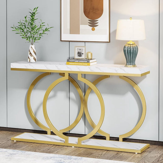 Consoletafel - Sidetable - met O-vormige Gouden Metalen Poten - Haltafel - Wandtafel - 140x30x80 cm - Goud en Wit - Metaal en Hout - Modern - Console Tafel