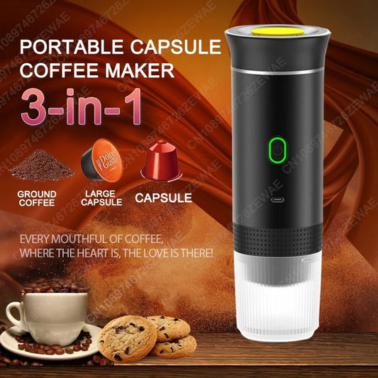 3-in-1 Capsule Poeder Reiskoffiezetapparaat- Draagbaar Koffie Machine - Oplaadbaar & Elektrisch Espresso Machine- Draadloos - Compact & Snel & Handig - Coffee To Go - Roestvrijstalen Watertank & Watervolumeschaal - 60ML - 20 Bar