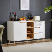 Moderne witte dressoirkast – 140x40x80,5 cm – Opbergkast met 3 lades, open compartimenten en planken – Dressoir met kantelbeveiliging – Voor woonkamer, hal of slaapkamer