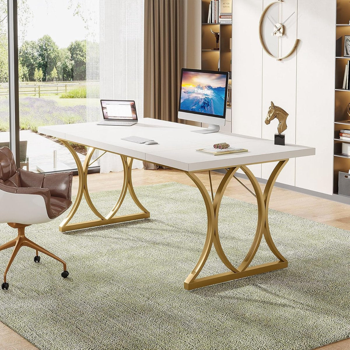 Bureau - Modern Bureau met Gouden Metalen Frame - Computerbureau - Computer Tafel - Bureautafel - Wit en Goud - 159 x 79 x 78 cm