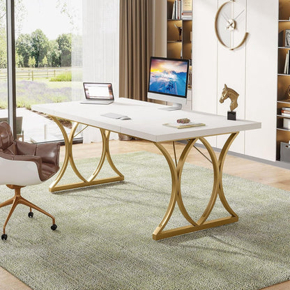 Bureau - Modern Bureau met Gouden Metalen Frame - Computerbureau - Computer Tafel - Bureautafel - Wit en Goud - 159 x 79 x 78 cm