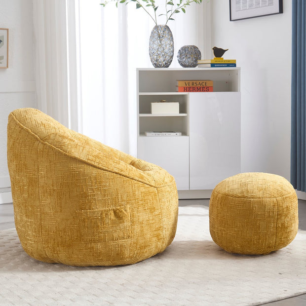 Zitzak Sofa met Voetensteun - Luxe Chenille Bean Bag Stoel -- Ergonomische Loungestoel met Hoge Rugleuning – Comfortabele Fauteuil - Geel