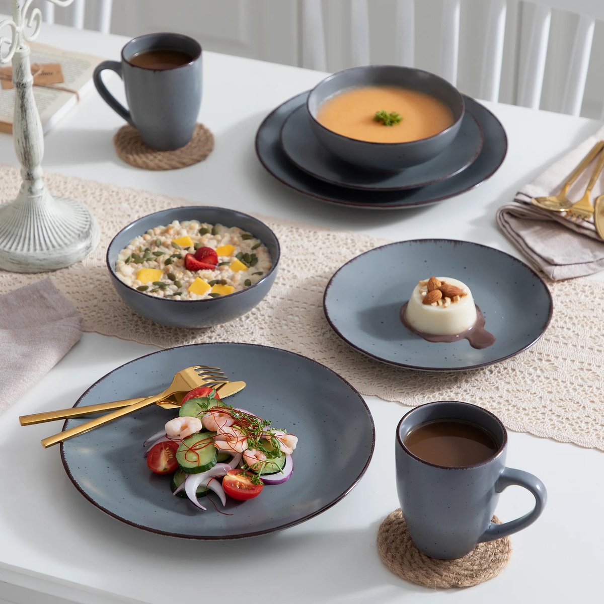 Luxe Serviesset – 32 delig – 8 persoons – Porselein - Bordenset – Dinner platen – Dessertborden - Kommen - Mokken - Schaaltjes -Grijs