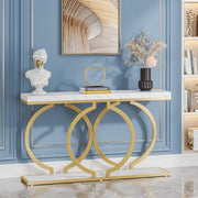 Consoletafel - Sidetable - met O-vormige Gouden Metalen Poten - Haltafel - Wandtafel - 140x30x80 cm - Goud en Wit - Metaal en Hout - Modern - Console Tafel