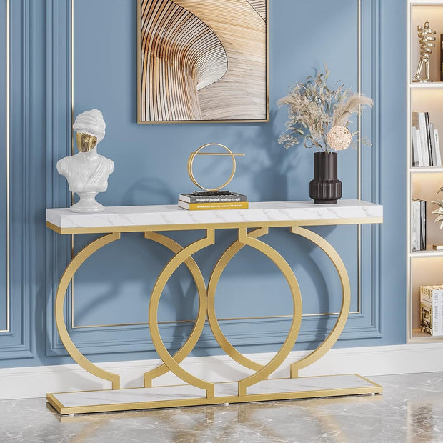 Consoletafel - Sidetable - met O-vormige Gouden Metalen Poten - Haltafel - Wandtafel - 140x30x80 cm - Goud en Wit - Metaal en Hout - Modern - Console Tafel
