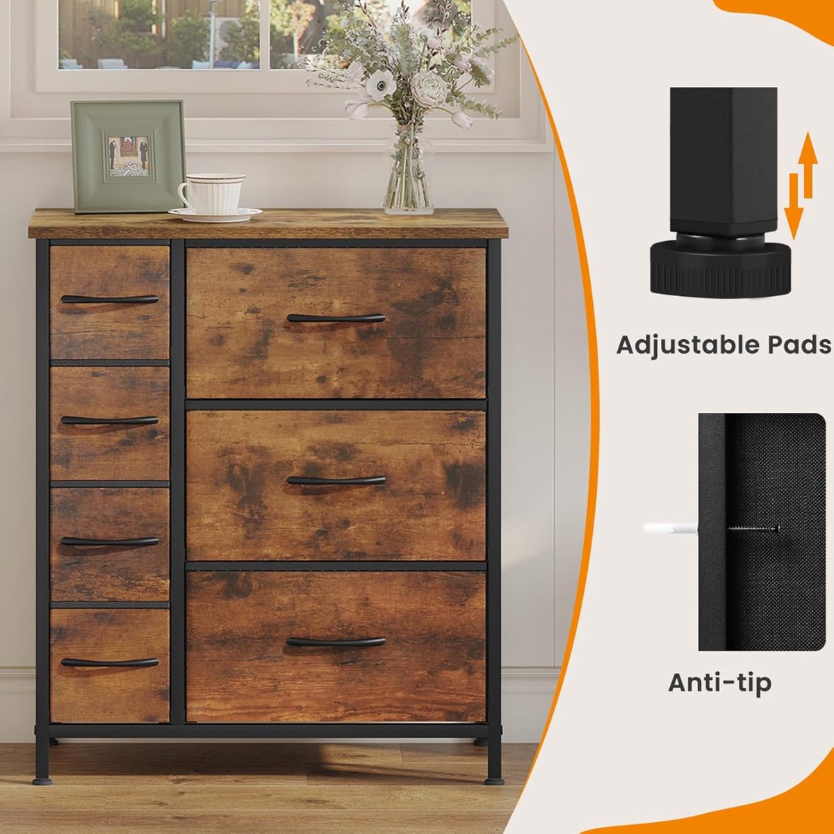 Chest of drawers - Chest of drawers - Chest of drawers - Chest of drawers - Chests of drawers Bedroom - Dresser - 63x30x73 cm - Wood &amp; Fabric