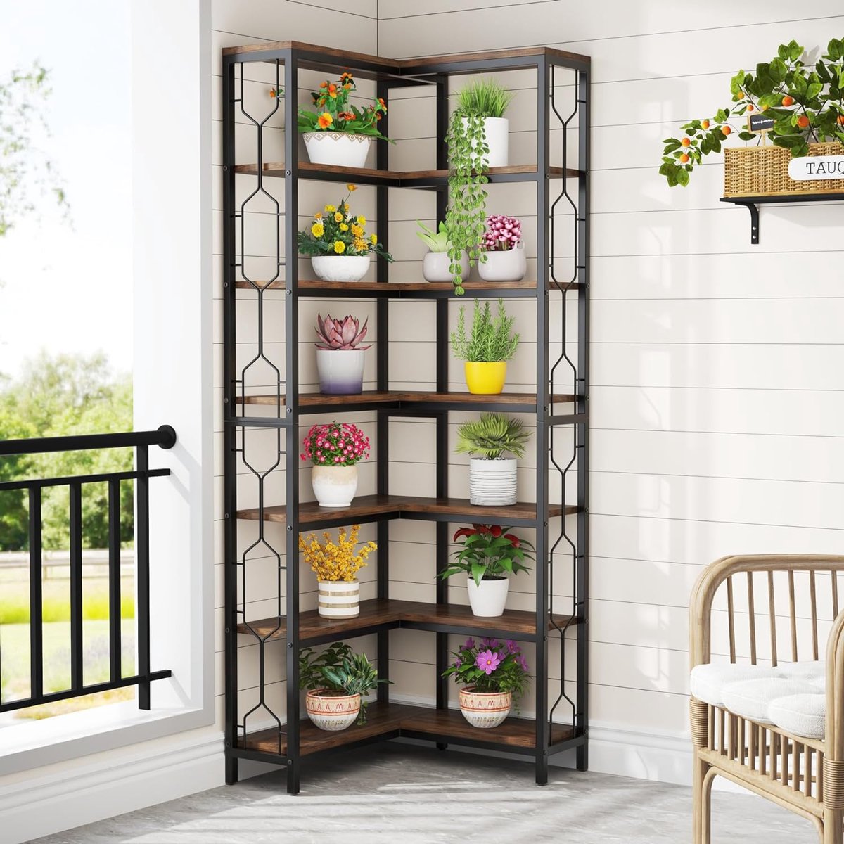 Boekenkast - Hoek Boekenkast met 7 Planken - Industrieel - Spaanplaat - Bruin/Zwart - 60 x 60 x 200 cm