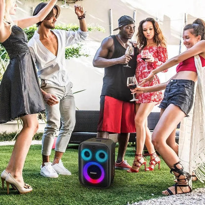 Karaoke Partybox - 3-Weg Speaker - 120 W - 2 Draadloze Microfoons - Verlichting Kleur en Equalizer via App - Mic en Gitaar Input - Zwart