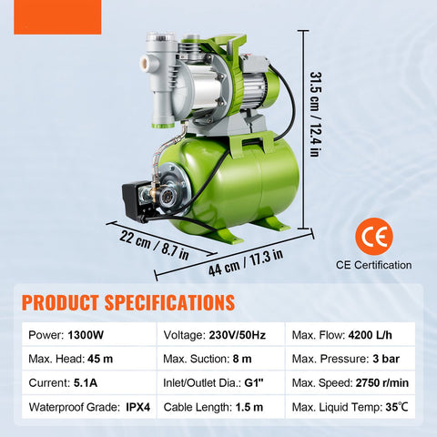 Tuinpomp - 1300W Irrigatiepomp - Max. Debiet 4200L/u - Geschikt voor Zwembaden en Ondiepe Bronnen