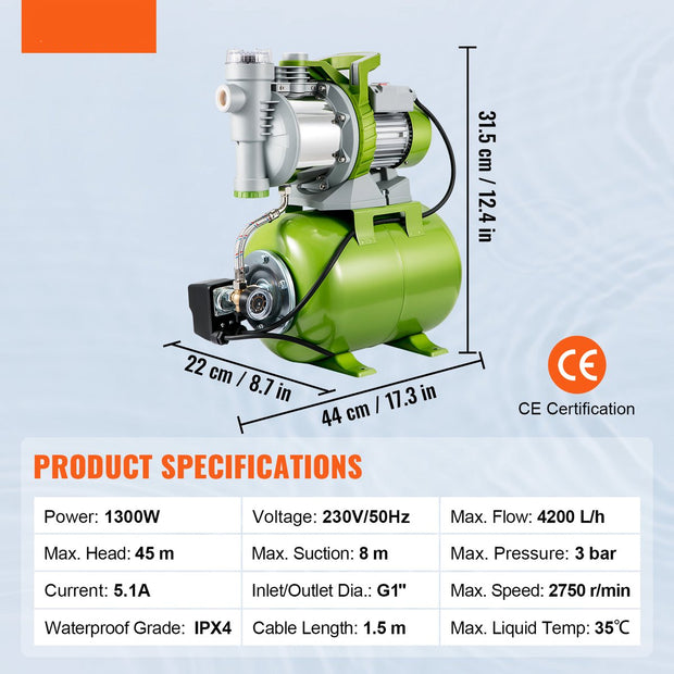 Tuinpomp - 1300W Irrigatiepomp - Max. Debiet 4200L/u - Geschikt voor Zwembaden en Ondiepe Bronnen