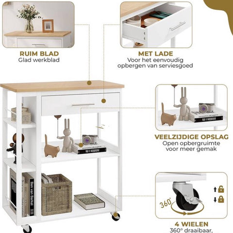 Keukentrolley op wieltjes - Keuken trolley met lade - Houten werkblad - Wit - Incl. Rem voor de wieltjes - 73x38x88 CM - Open planken - Woonkamer
