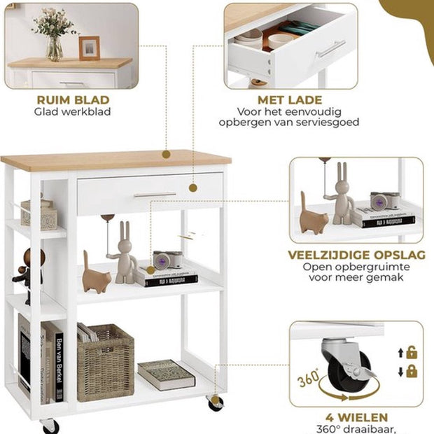 Keukentrolley op wieltjes - Keuken trolley met lade - Houten werkblad - Wit - Incl. Rem voor de wieltjes - 73x38x88 CM - Open planken - Woonkamer