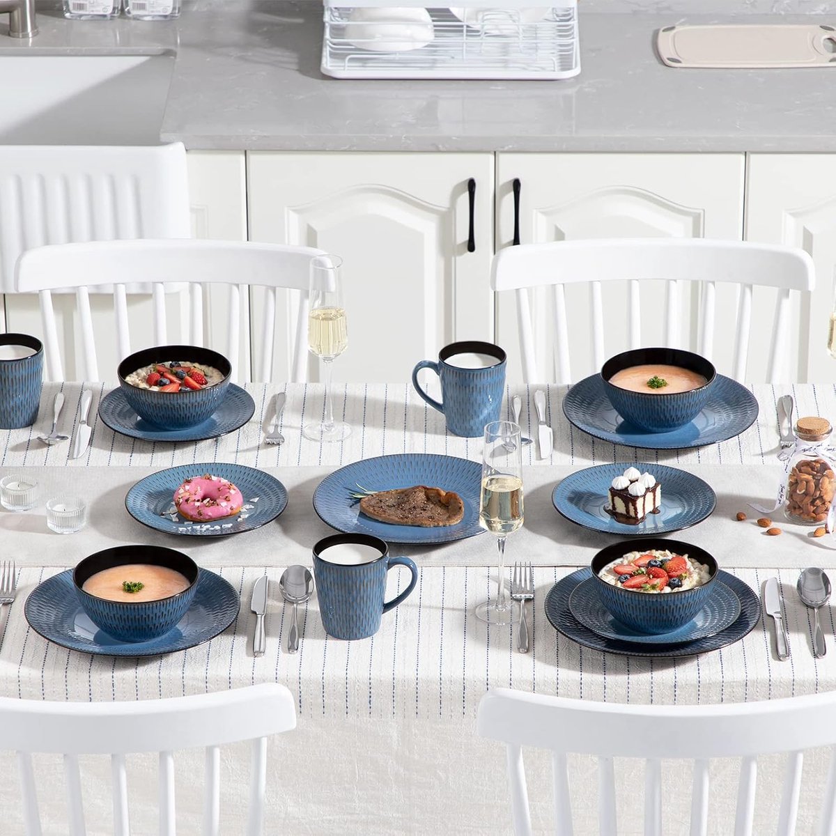 Luxe Serviesset – 32 Delig – 8 Persoons – Keramiek - Bordenset – Dinner Platen – Dessertborden – Kommen – Mokken – Schaaltjes – Blauw