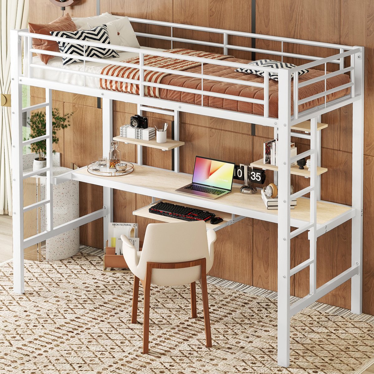 Kinderbed - Zonder matras - Zonder stoel - Metalen Bedframe met Bureau en Twee Boekenplanken - Geschikt voor Kinderen - Tieners en Volwassenen - 90x200 cm - Zwart