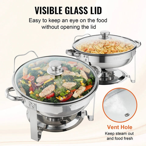 Chafing Dish Rolltop - Bain Marie Warming Dish - Buffet Warmer - Round - Glass Lid - 3.5 L - Pack of 2
