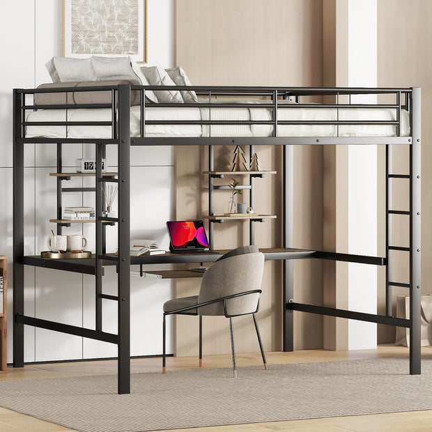 Kinderbed - Zonder Matras - Zonder Stoel - Metalen Bedframe met Bureau en Twee Boekenplanken - Geschikt voor Kinderen - Tieners en Volwassenen - 140x200 cm - Zwart
