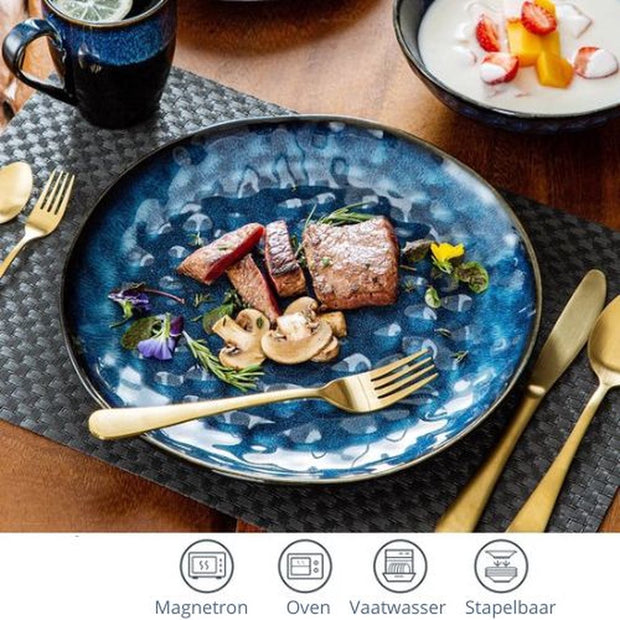 32-Delige Serviesset - 8 Persoons - Sterrenblauwe Glazuurlaag - Inclusief Dinerborden, Dessertborden, Kommen en Mokken - Blauw