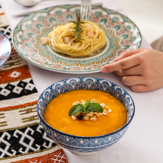 Serviesset - 32-delig - Bohemian Mandala Design - Turquoise Porselein - Diner,Dessertborden, Kommen & Mokken - Uniek & Stijlvol