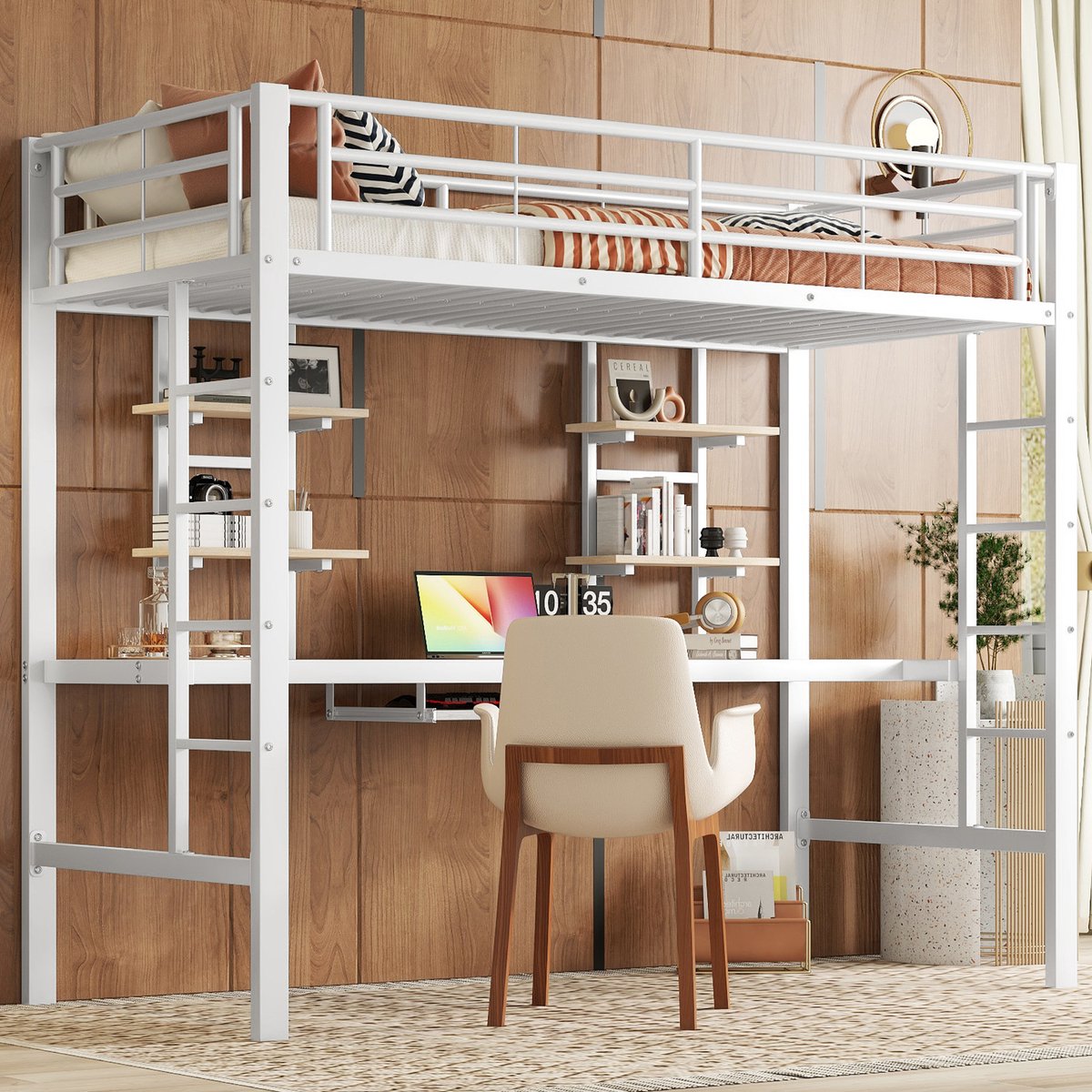 Kinderbed - Zonder matras - Zonder stoel - Metalen Bedframe met Bureau en Twee Boekenplanken - Geschikt voor Kinderen - Tieners en Volwassenen - 90x200 cm - Zwart