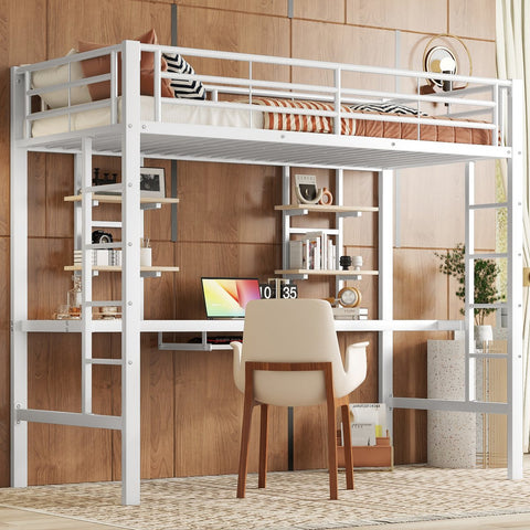 Kinderbed - Zonder matras - Zonder stoel - Metalen Bedframe met Bureau en Twee Boekenplanken - Geschikt voor Kinderen - Tieners en Volwassenen - 90x200 cm - Zwart