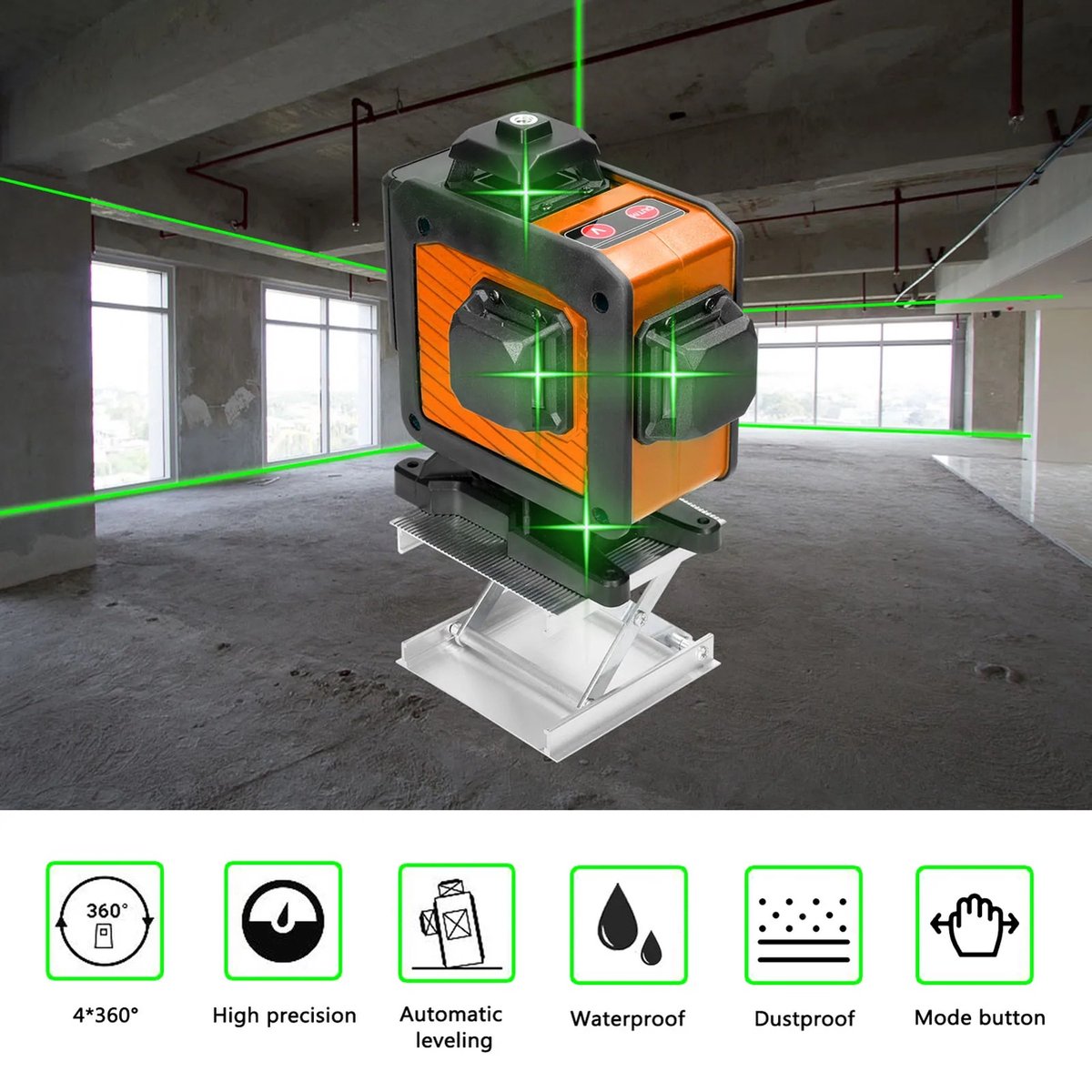 Laserlijn - Kruislijnlaser - 16 Lijnen - 4D - 2x Accu - Afstandsmeter - Groen - Met Accessoires - 360° - 520Nm