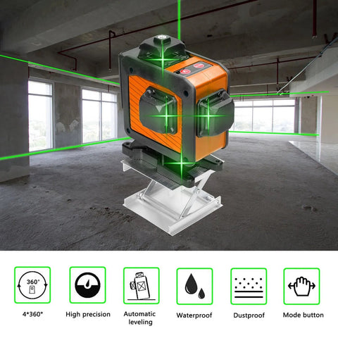 Laserlijn - Kruislijnlaser - 16 Lijnen - 4D - 2x Accu - Afstandsmeter - Groen - Met Accessoires - 360° - 520Nm
