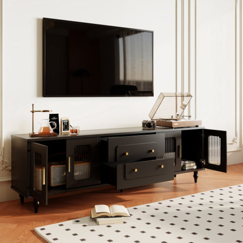 Lowboard - Tv-Meubel in Retrostijl - Gouden Handgrepen - Veel Opbergruimte - Met Glazen deur - en Massief Houten Poten - Zwart