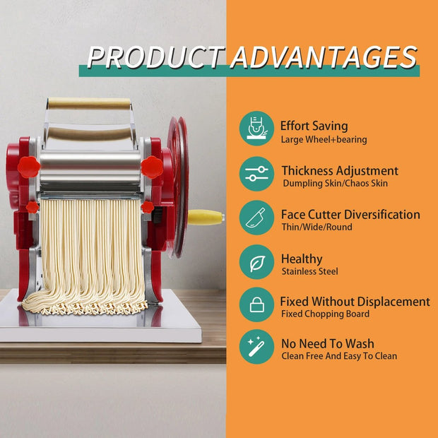 Manual Noodle and Pasta Machine - Dumpling Wrapper Machine - Stainless Steel Pasta Maker - Spaghetti Dough Roller - Home Kitchen Appliance