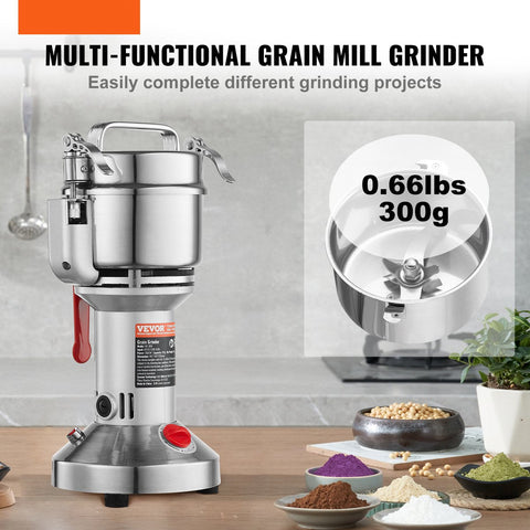 Elektrische Graanmolen - Droogmalen - Maalcapaciteit 300 g - Motortoerental 28000 rpm - met Borstel - Gietijzeren Maalplaten - Roestvrij Staal Trechter 403 - voor Huizen - Keukens - Ziekenhuizen en Farmaceutische Verwerkingsfabrieken
