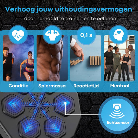 Boksmachine met muziek & Bluetooth Inclusief kinderhandschoenen - Bokszak - Boksmachine - Wandmontage - Zwart